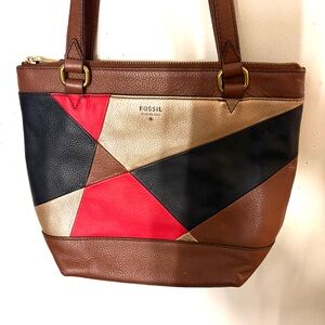 Fossil Women's Patchwork Cow Hide Leather Tote - Red, Black, Brown, Gold. EUC.